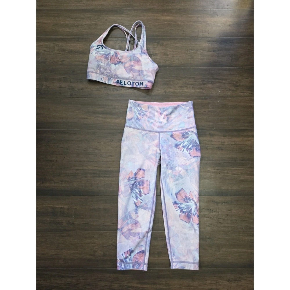 Peloton X WITH Floral 2K Sports Bra & High Waist Capri Leggings Small Pink Blue